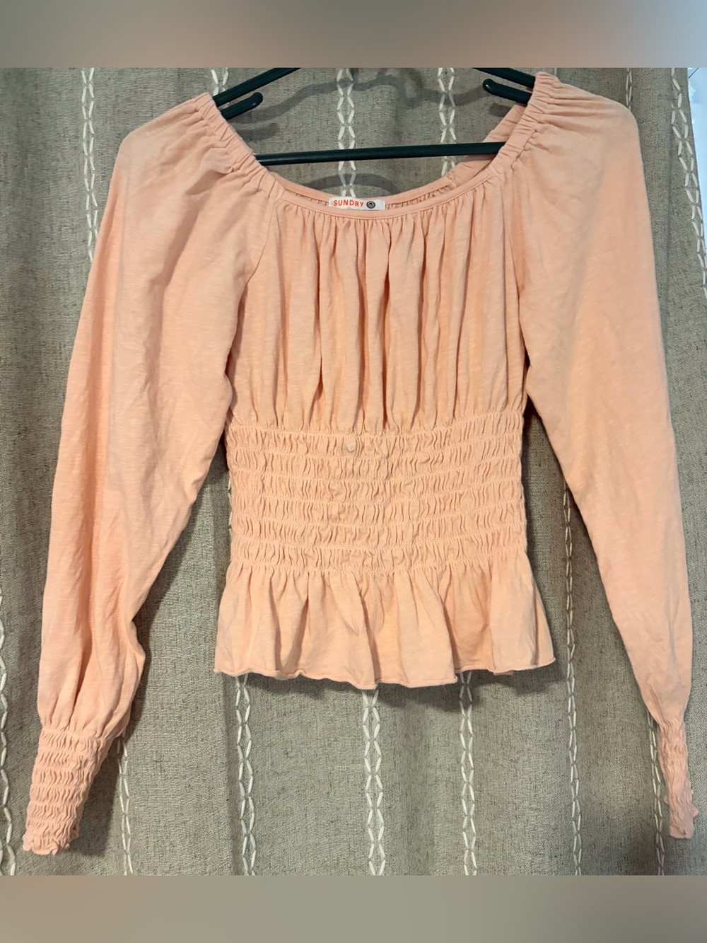 Sundry Peach Smocked Peplum Long-Sleeve Top
